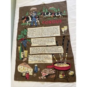 Vintage Recipe Fondue Tea Towel Linen European Kreier Swiss German Kitchen Dish